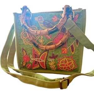 America & Beyond Beaded Sequined Bamboo Handle Crossbody Tote Bag Floral